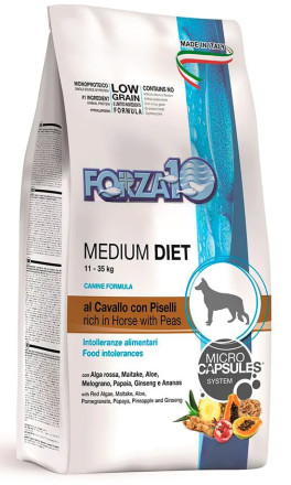 Forza10 Med Diet Low Grain Cav полнорационный диетический корм для взрослых собак средних пород из конины, гороха и риса с микрокапсулами - 12 кг