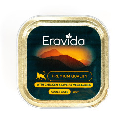 Eravida влажный корм для взрослых кошек кусочки в желе с курицей, печенью и овощами, в ламистерах - 100 г х 16 шт