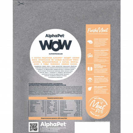 AlphaPet WOW Superpremium сухой полнорационный корм для взрослых стерилизованных кошек и котов c цыпленком - 350 г
