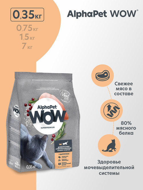 AlphaPet WOW Superpremium сухой полнорационный корм для взрослых стерилизованных кошек и котов c цыпленком - 350 г
