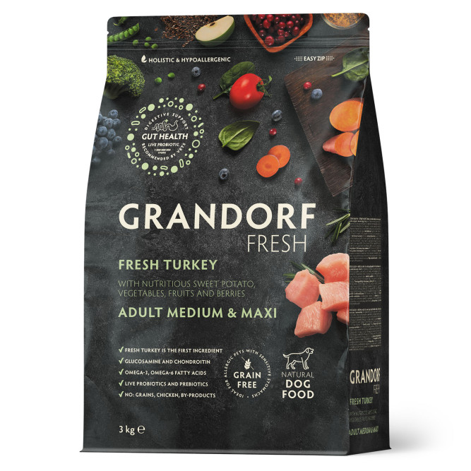 Grandorf Fresh Dog Adult Med&amp;Maxi Turkey&amp;Sweet Potato сухой беззерновой корм с живыми пробиотиками для взрослых собак средних и крупных пород с индейкой и бататом - 3 кг