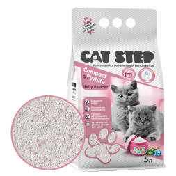Cat Step Compact White Baby Powder наполнитель для котят комкующийся минеральный с ароматом детской присыпки - 5 л (4,2 кг)