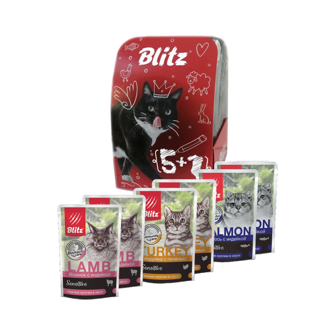 Blitz Sensitive набор паучей для взрослых кошек с ассорти вкусов, кусочки в соусе и желе - 85 г х 5+1 шт