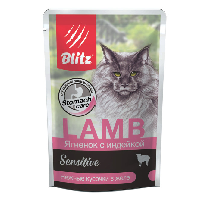 Blitz Sensitive набор паучей для взрослых кошек с ассорти вкусов, кусочки в соусе и желе - 85 г х 5+1 шт