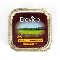 Eravida влажный корм для взрослых кошек кусочки в желе с телятиной, ягненком и овощами, в ламистерах - 100 г х 16 шт