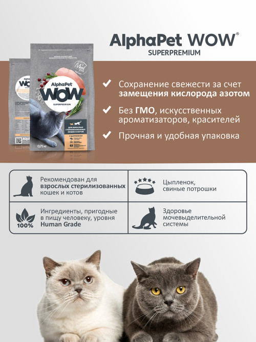 AlphaPet WOW Superpremium сухой полнорационный корм для взрослых стерилизованных кошек и котов c цыпленком - 750 г