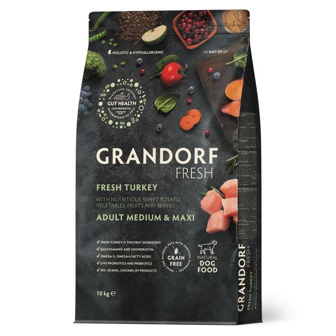 Grandorf Fresh Dog Adult Med&amp;Maxi Turkey&amp;Sweet Potato сухой беззерновой корм с живыми пробиотиками для взрослых собак средних и крупных пород с индейкой и бататом - 10 кг