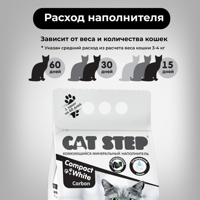 Cat Step Compact White Carbon наполнитель комкующийся минеральный с актитвированным углем - 10 л