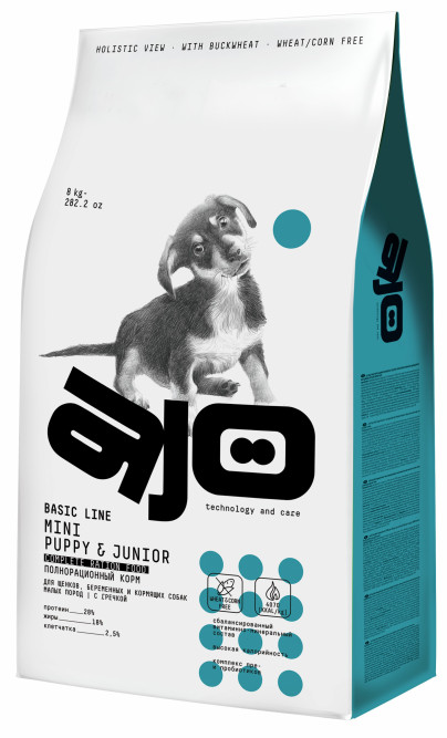 AJO Dog Mini Puppy&amp;Junior сухой корм для щенков малых пород с курицей и гречкой - 8 кг