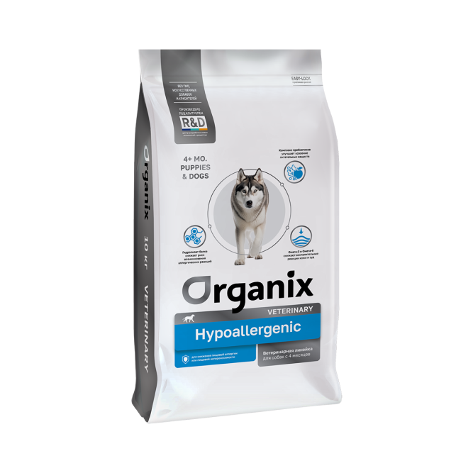 Organix Hypoallergenic сухой диетический корм для щенков с 4-х месяцев и собак всех пород для снижения пищевой аллергии или пищевой непереносимости - 10 кг