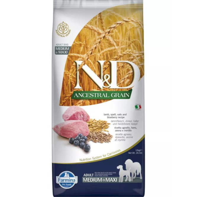 Farmina N&amp;D Ancestral Grain Dog Lamb Blueberry Adult Medium &amp; Maxi сухой низкозерновой корм для взрослых собак средних и крупных пород с ягненком и черникой - 12 кг