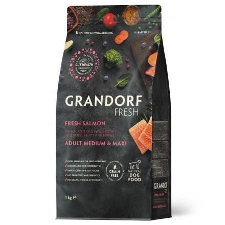 Grandorf Fresh Dog Adult Med&amp;Maxi Salmon&amp;Sweet Potato сухой корм для взрослых собак средних и крупных пород с филе лосося и бататом - 1 кг