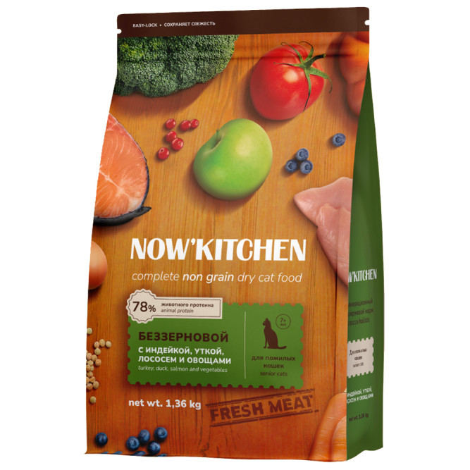NOW' Kitchen сухой беззерновой корм для кошек старше 7 лет, со свежей индейкой, уткой и лососем - 1,36 кг