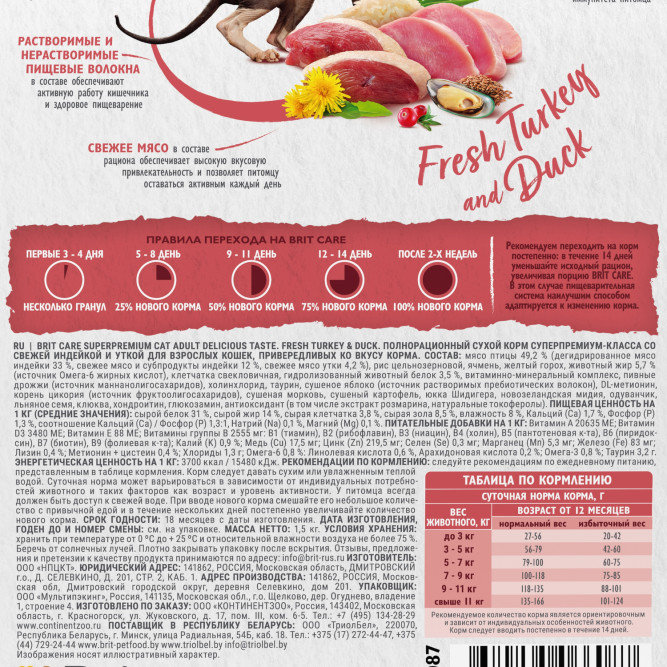 Брит Кеа Cat Adult Delicious Taste сухой корм для взрослых привередливых кошек, с индейкой и уткой - 1,5 кг