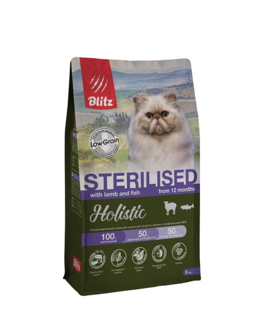 Blitz Holistic Sterilised Lamb and Fish полнорационный сухой корм для стерилизованных кошек со свежим ягненком, индейкой и рыбой - 5 кг