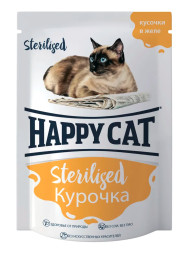 Happy Cat паучи для взрослых стерилизованных кошек и кастрированных котов, с курочкой, кусочки в желе - 85 г х 24 шт