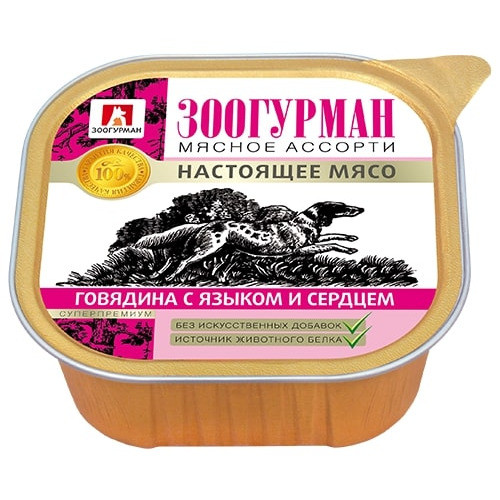 Зоогурман влажный корм для взрослых собак всех пород, с говядиной, языком и сердцем - 300 г x 10 шт