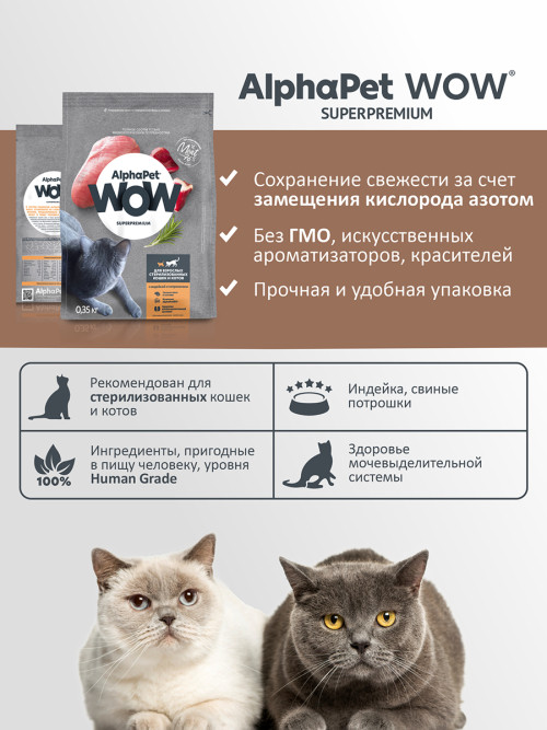 AlphaPet WOW Superpremium сухой полнорационный корм для взрослых стерилизованных кошек и котов с индейкой и потрошками - 350 г