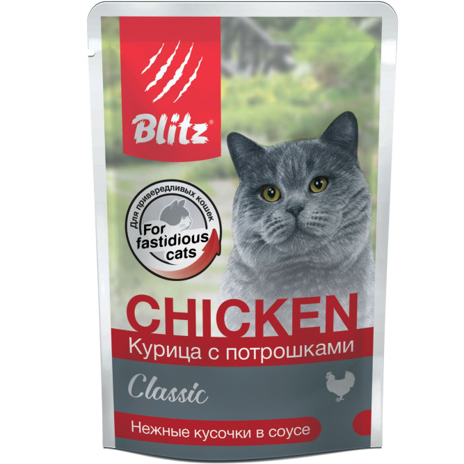 Blitz Classic Cat Adult влажный корм для взрослых кошек, с курицей и потрошками в соусе, в паучах - 85 г x 24 шт