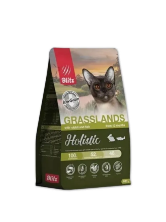 Blitz Holistic Grasslands Rabbit and Fish полнорационный сухой корм для взрослых кошек со свежей индейкой, кроликом и рыбой - 400 г