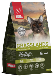 Blitz Holistic Grasslands Rabbit and Fish полнорационный сухой корм для взрослых кошек со свежей индейкой, кроликом и рыбой - 400 г
