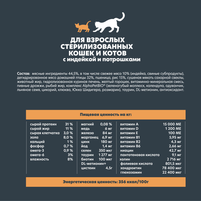 AlphaPet WOW Superpremium сухой полнорационный корм для взрослых стерилизованных кошек и котов с индейкой и потрошками - 750 г