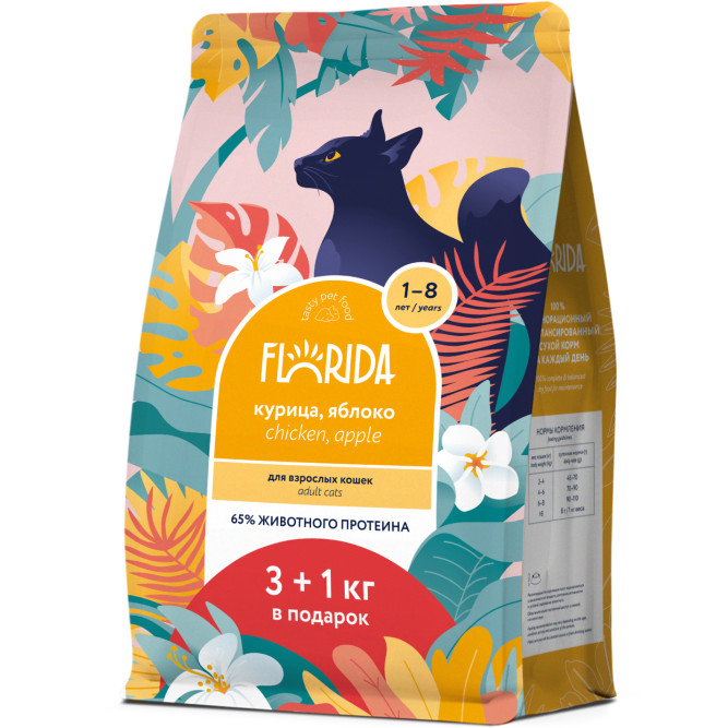 Florida сухой корм для взрослых кошек с курицей и яблоком 3+1 кг