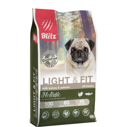 Blitz Holisitic Light&amp;Fit сухой беззерновой корм для взрослых собак всех пород, склонных к набору веса, с индейкой и лососем - 1,5 кг