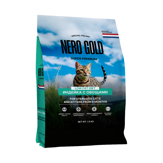 Nero Gold Супер-премиум сухой корм для стерилизованных кошек и котят с мясом индейки и овощами - 1,5 кг