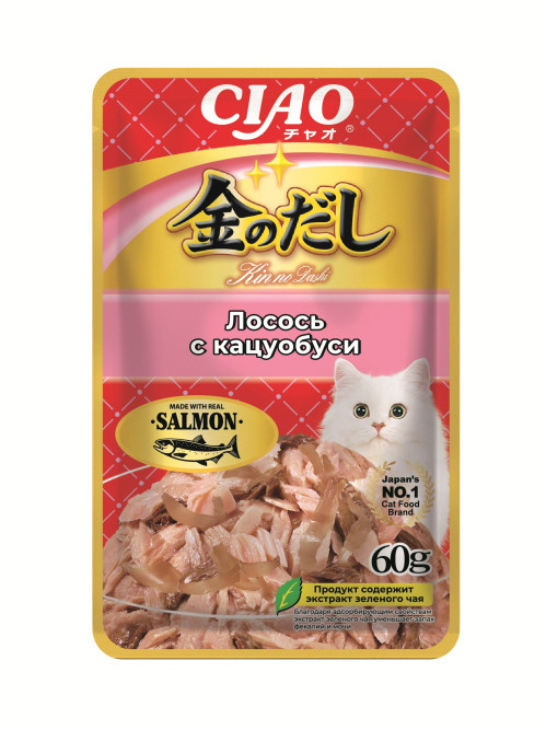 Inaba Ciao Kinnodashi влажный дополнительный корм для взрослых кошек, с лососем и кацуобуси, в паучах - 60 г х 12 шт