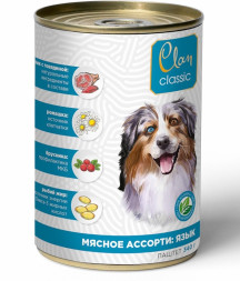 Clan Classic влажный корм для взрослых собак паштет Мясное ассорти с языком, в консервах - 340 г х 9 шт