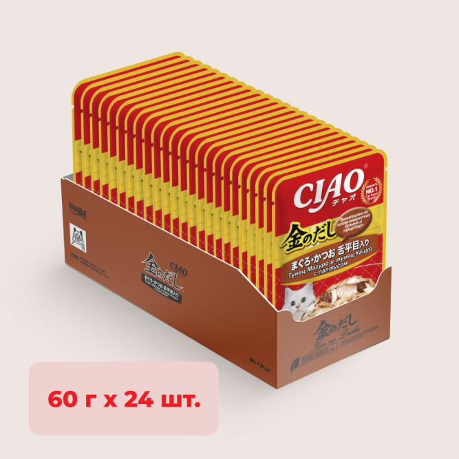 Inaba Ciao Kinnodashi влажный дополнительный корм для взрослых кошек, тунец Магуро и тунец Кацуо с палтусом, в паучах - 60 г х 24 шт