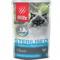 Blitz Classic Cat Adult Sterilised влажный корм для стерилизованных кошек, с курицей и брусникой в желе, в паучах - 85 г x 24 шт