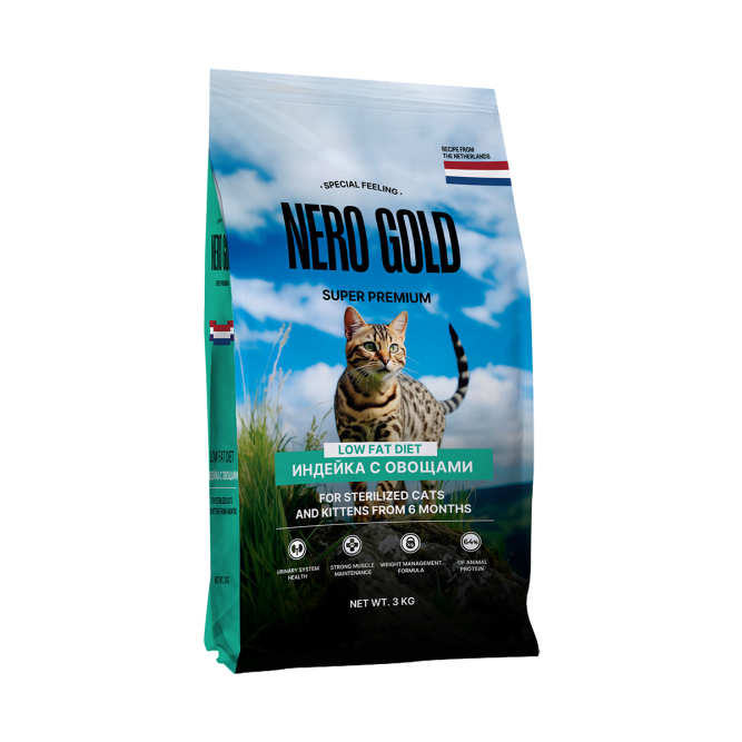 Nero Gold Супер-премиум сухой корм для стерилизованных кошек и котят с мясом индейки и овощами - 3 кг