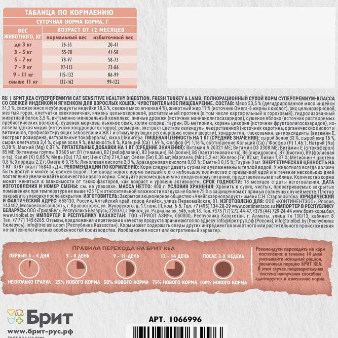Брит Кеа Cat Sensitive Healthy Digestion сухой корм для взрослых кошек с чувствительным пищеварением, с индейкой и ягненком - 400 г
