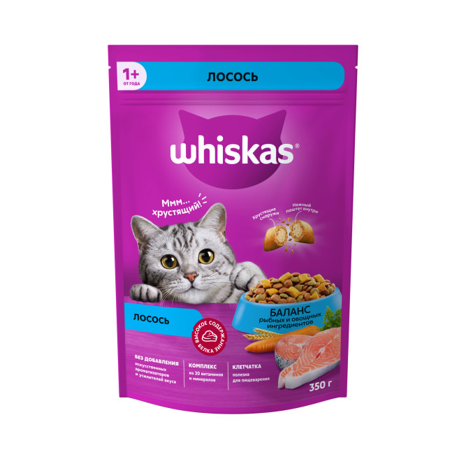 Whiskas Вкусные подушечки с нежным паштетом, сухой корм для взрослых кошек, Аппетитный обед с лососем - 350 г