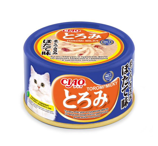 Inaba Ciao Toromi Milky влажный дополнительный корм для взрослых кошек, с тунцом магуро, куриным филе и морским гребешком в овсяном молоке, в консервах - 80 г х 24 шт