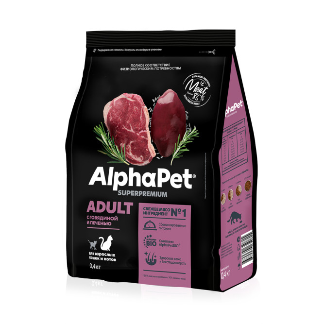 AlphaPet Superpremium сухой полнорационный корм для взрослых кошек и котов с говядиной и печенью - 400 г