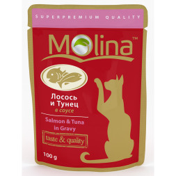 Molina влажный корм для взрослых кошек с лососем и тунцом в соусе в паучах - 100 г