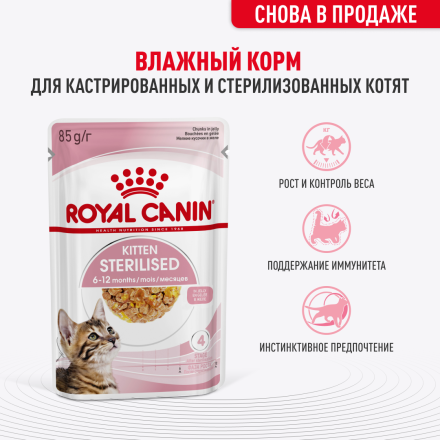 Royal Canin Kitten Sterilised влажный корм для котят в возрасте от 6 до 12 месяцев после стерилизации и кастрации кусочки в желе, в паучах - 85 г х 28 шт