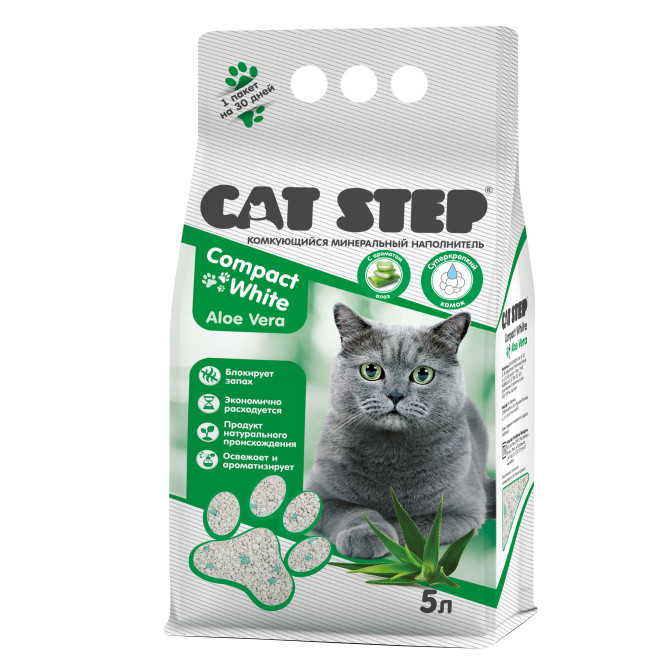 Cat Step Compact White Aloe Vera наполнитель комкующийся минеральный - 5 л (4,2 кг)