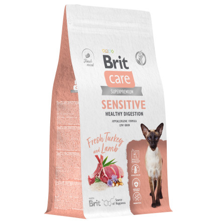 Brit Care Cat Sensitive Healthy Digestion сухой корм для взрослых кошек с чувствительным пищеварением, с индейкой и ягненком - 1,5 кг