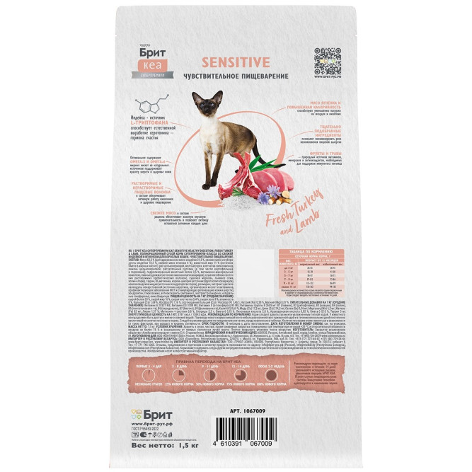Брит Кеа Cat Sensitive Healthy Digestion сухой корм для взрослых кошек с чувствительным пищеварением, с индейкой и ягненком - 1,5 кг