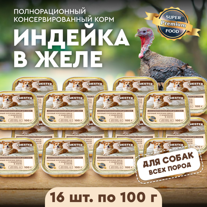 Chester влажный корм для взрослых собак всех пород, сочные кусочки мяса с индейкой в желе, в ламистерах - 100 г х 16 шт