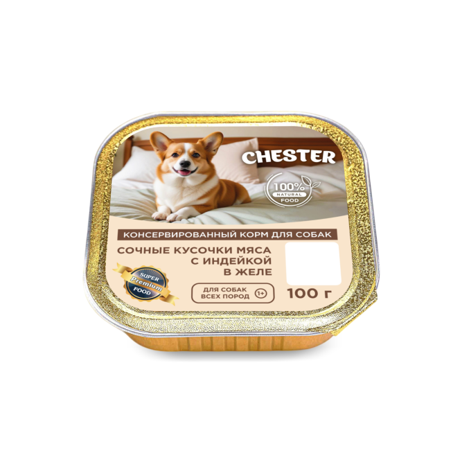 Chester влажный корм для взрослых собак всех пород, сочные кусочки мяса с индейкой в желе, в ламистерах - 100 г х 16 шт