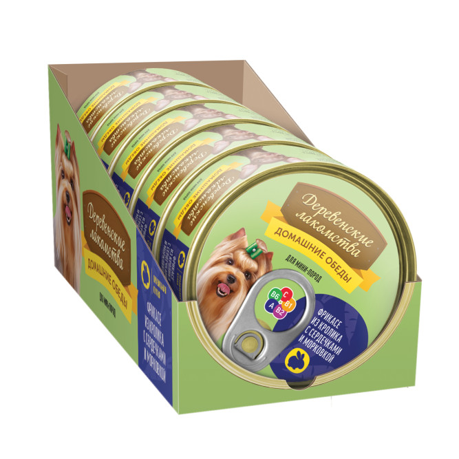 Консервы для мини пород Деревенские лакомства Домашние обеды Фрикасе из кролика с сердечками и морковкой 100 гр х 5 шт