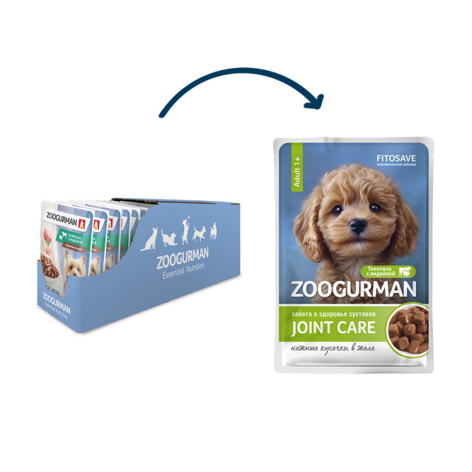 Зоогурман Joint Care влажный корм для взрослых собак всех пород для здоровья суставов с телятиной и индейкой в желе, в паучах - 85 г х 30 шт
