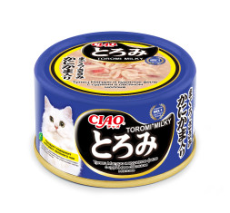 Inaba Ciao Toromi Milky влажный дополнительный корм для взрослых кошек, с тунцом магуро, куриным филе и сурими в овсяном молоке, в консервах - 80 г х 24 шт