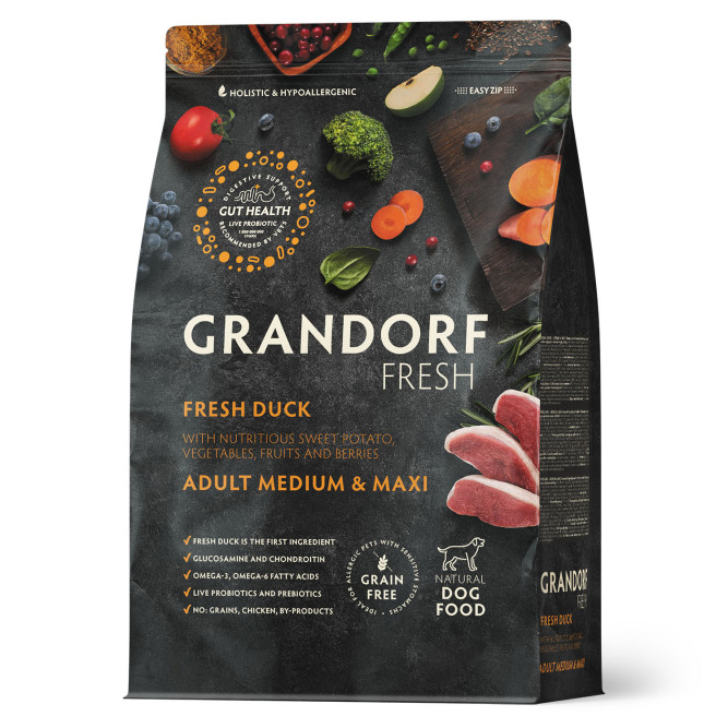 Grandorf Fresh Dog Adult Med&amp;Maxi Duck&amp;Sweet Potato сухой беззерновой корм с живыми пробиотиками для взрослых собак средних и крупных пород с уткой и бататом - 10 кг