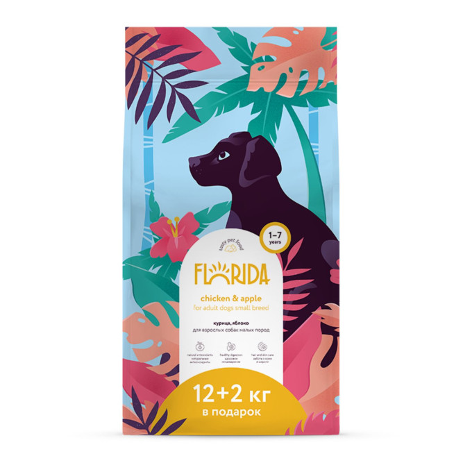 Florida сухой корм для взрослых собак мелких пород с курицей и яблоком 12+2 кг